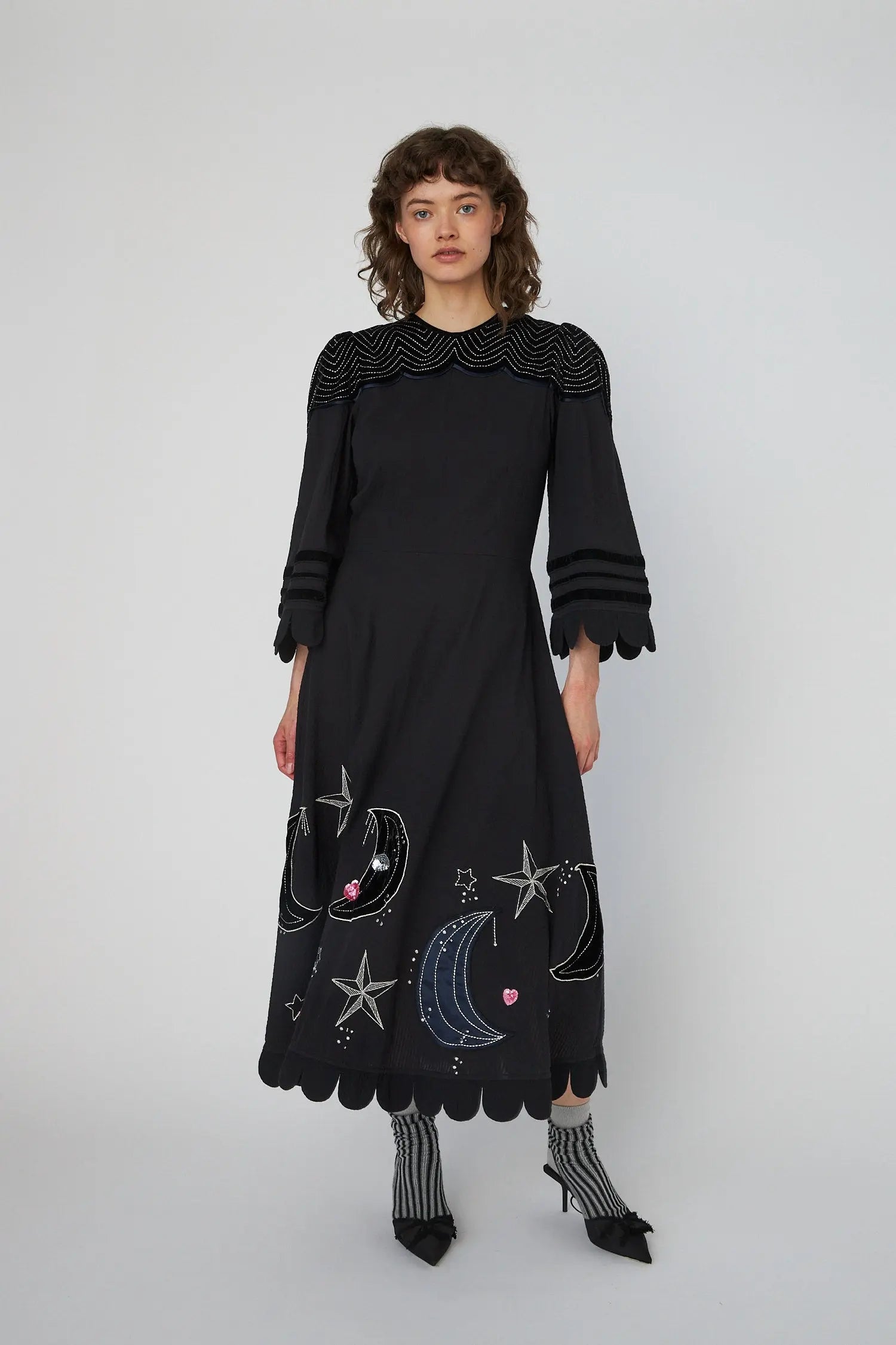 Stella Nova Moon and Star Embroidered Midi Dress Dress 999 Black