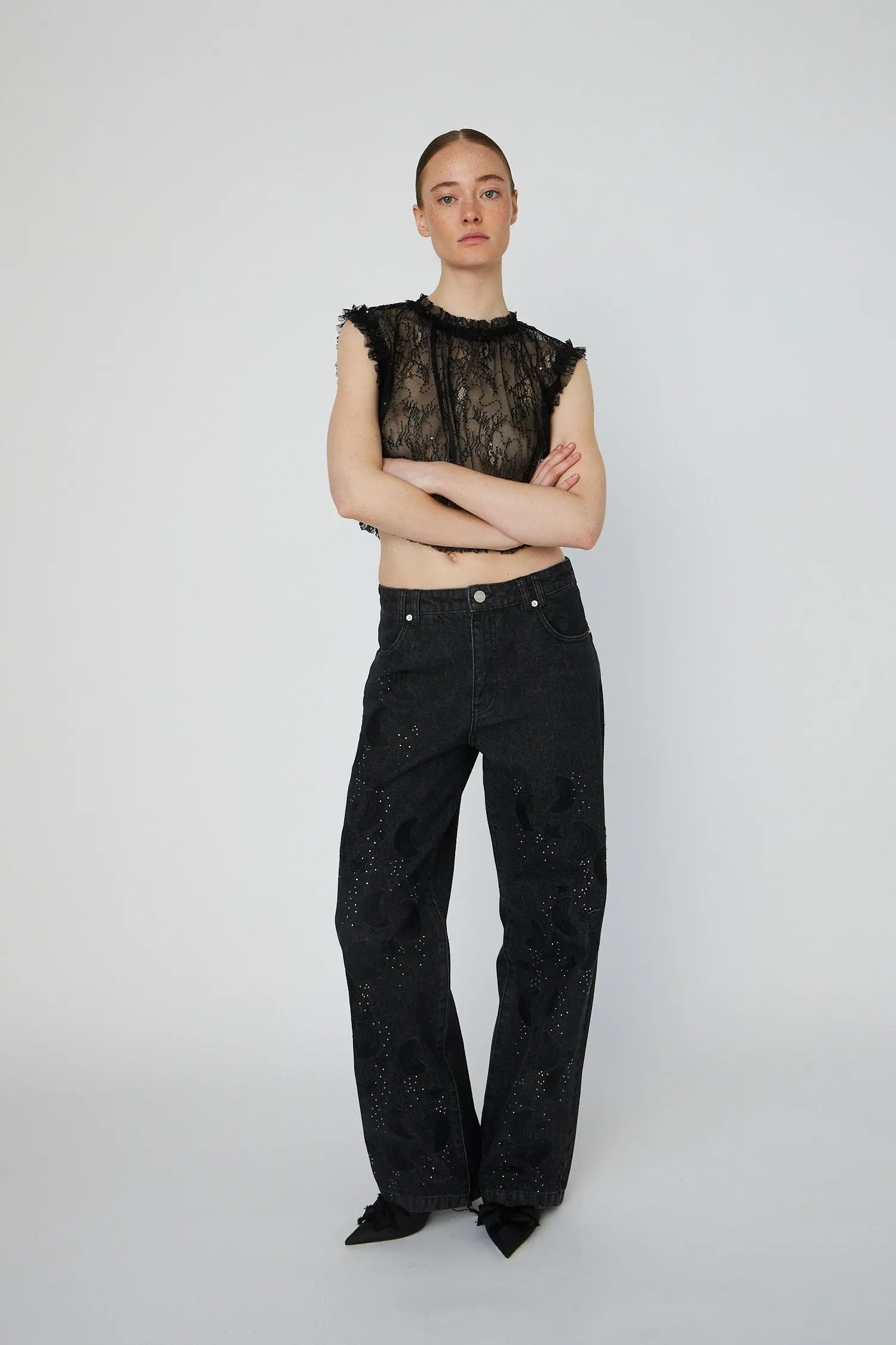 Stella Nova Sheer Cropped Lace Top Top 999 Black