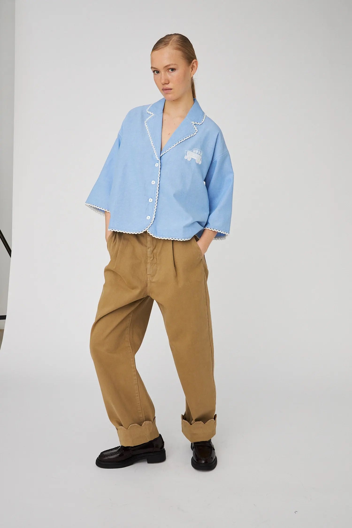 Stella Nova Chambray Blouse with Embroidered School Bus Blouse 291 Light Blue Melange