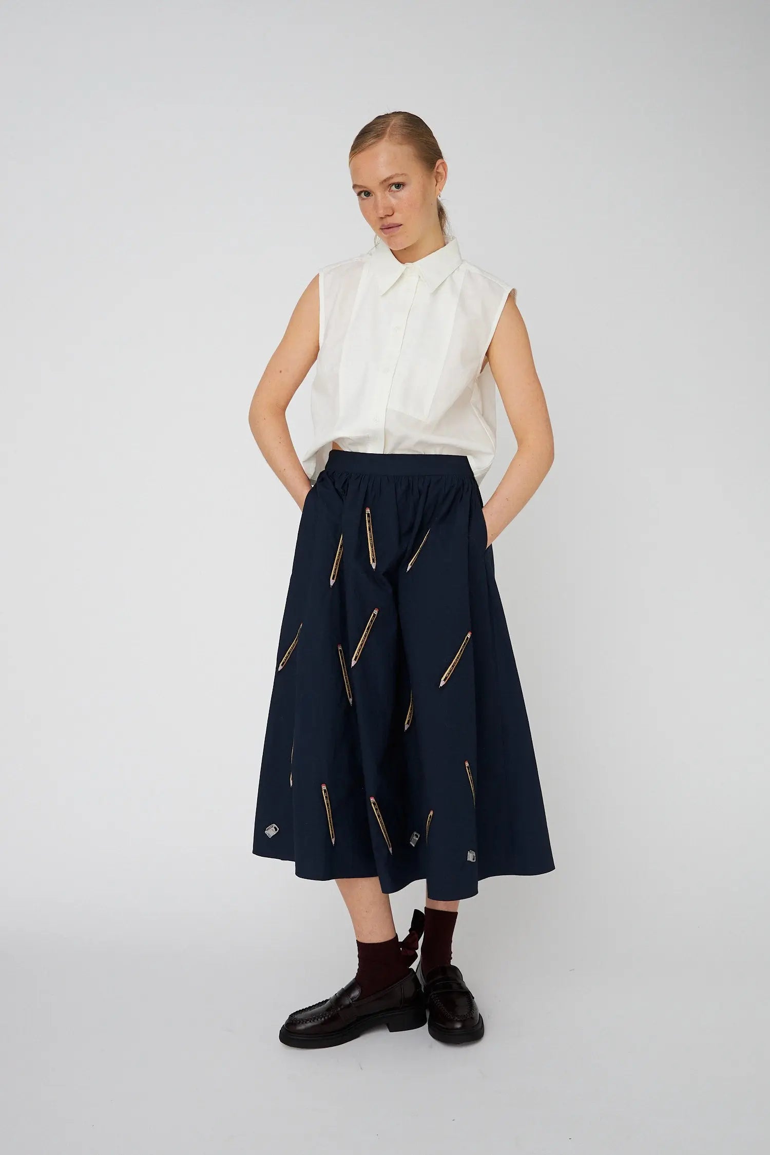 Stella Nova Embroidered Cotton Midi Skirt Skirt 395 Navy