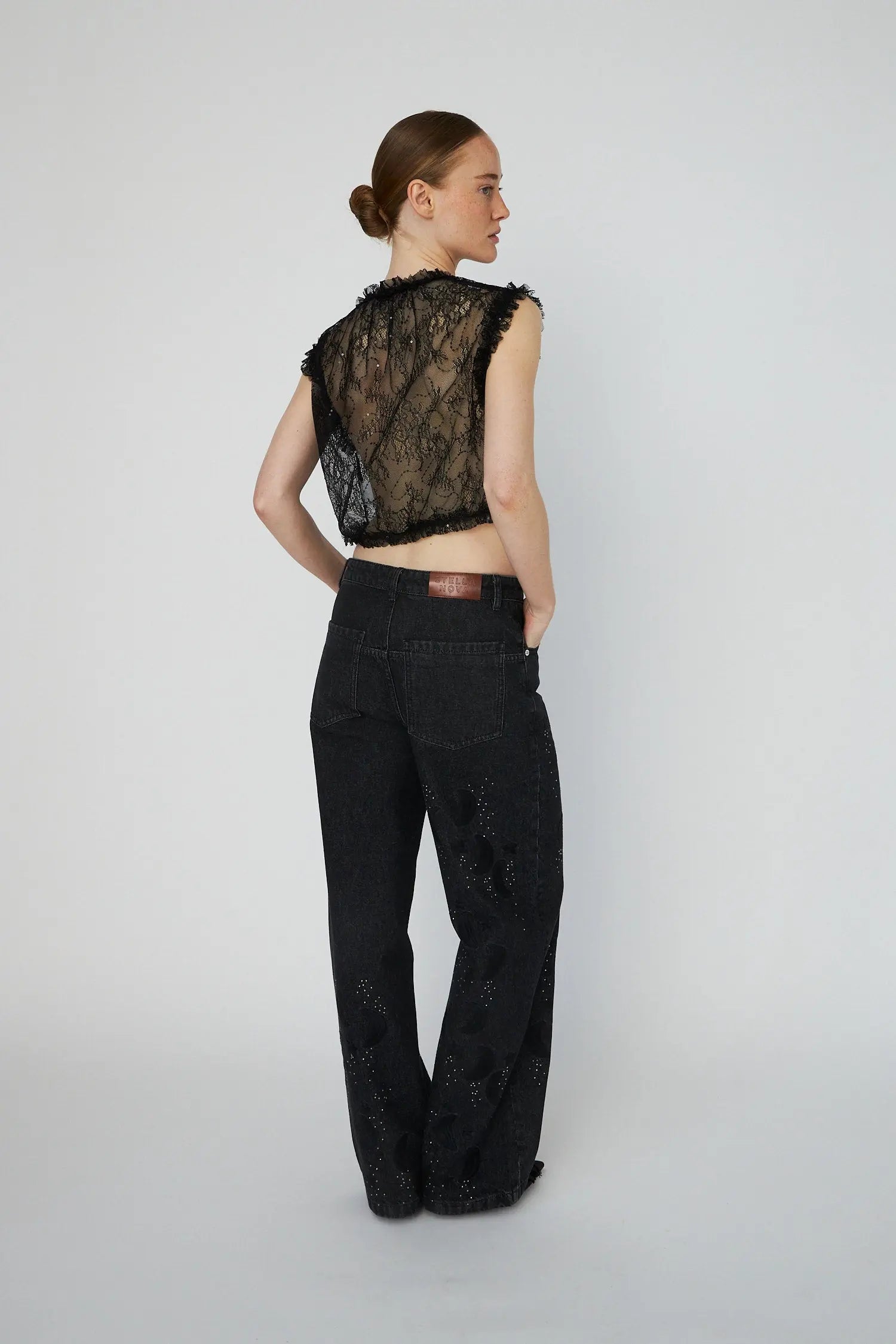Stella Nova Sheer Cropped Lace Top Top 999 Black