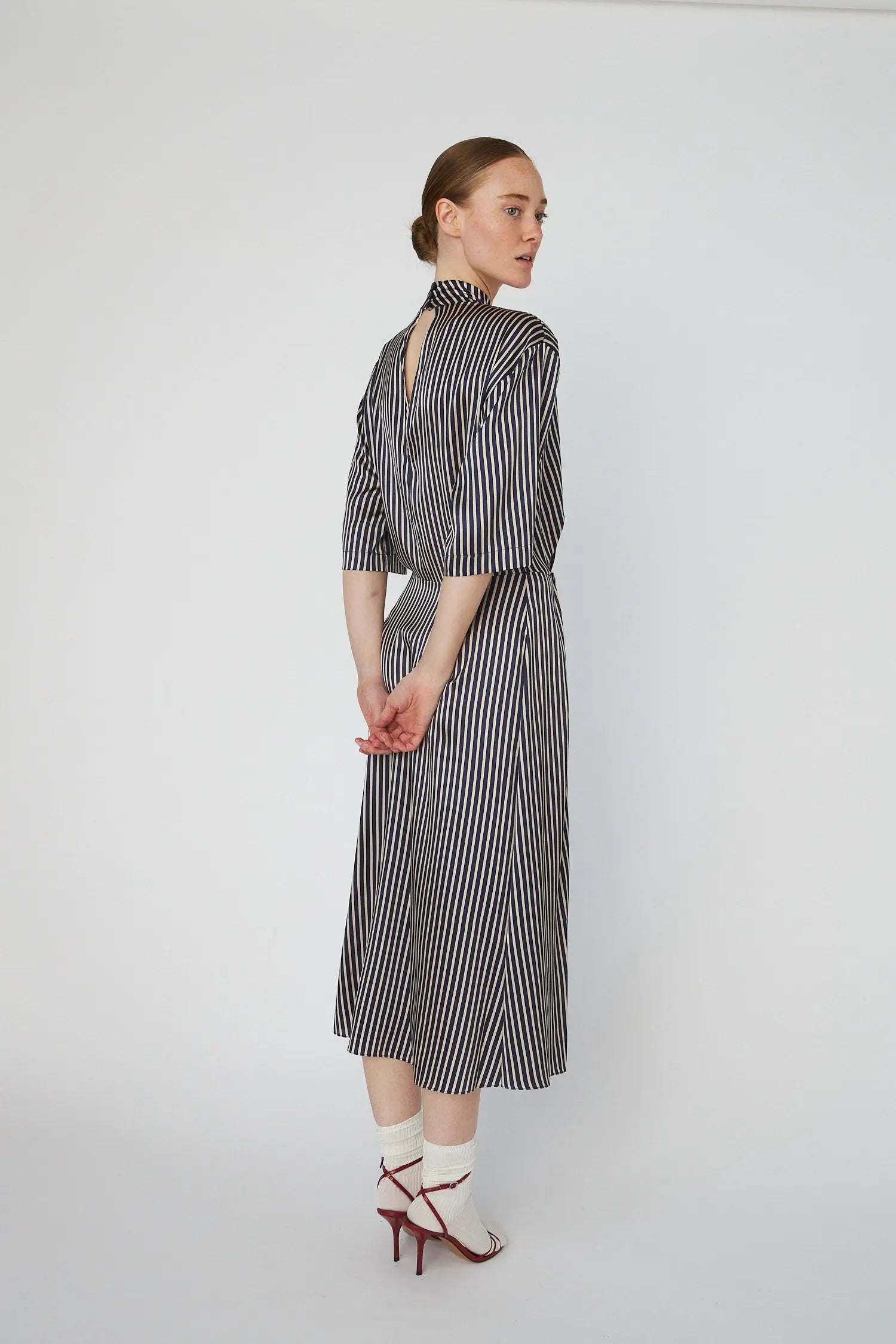 Stella Nova Striped Silk Midi Dress Dress 041 Creme Blue Stripes