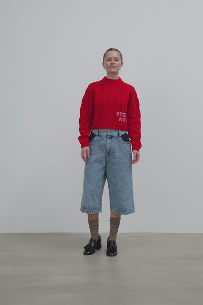 Stella Nova Cropped Cable Knit in Wool Mix Sweater 685 Deep Red