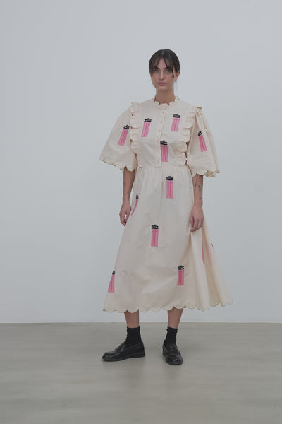 Stella Nova Embroidered Midi dress with Scallops Dress 204 Green/Creme