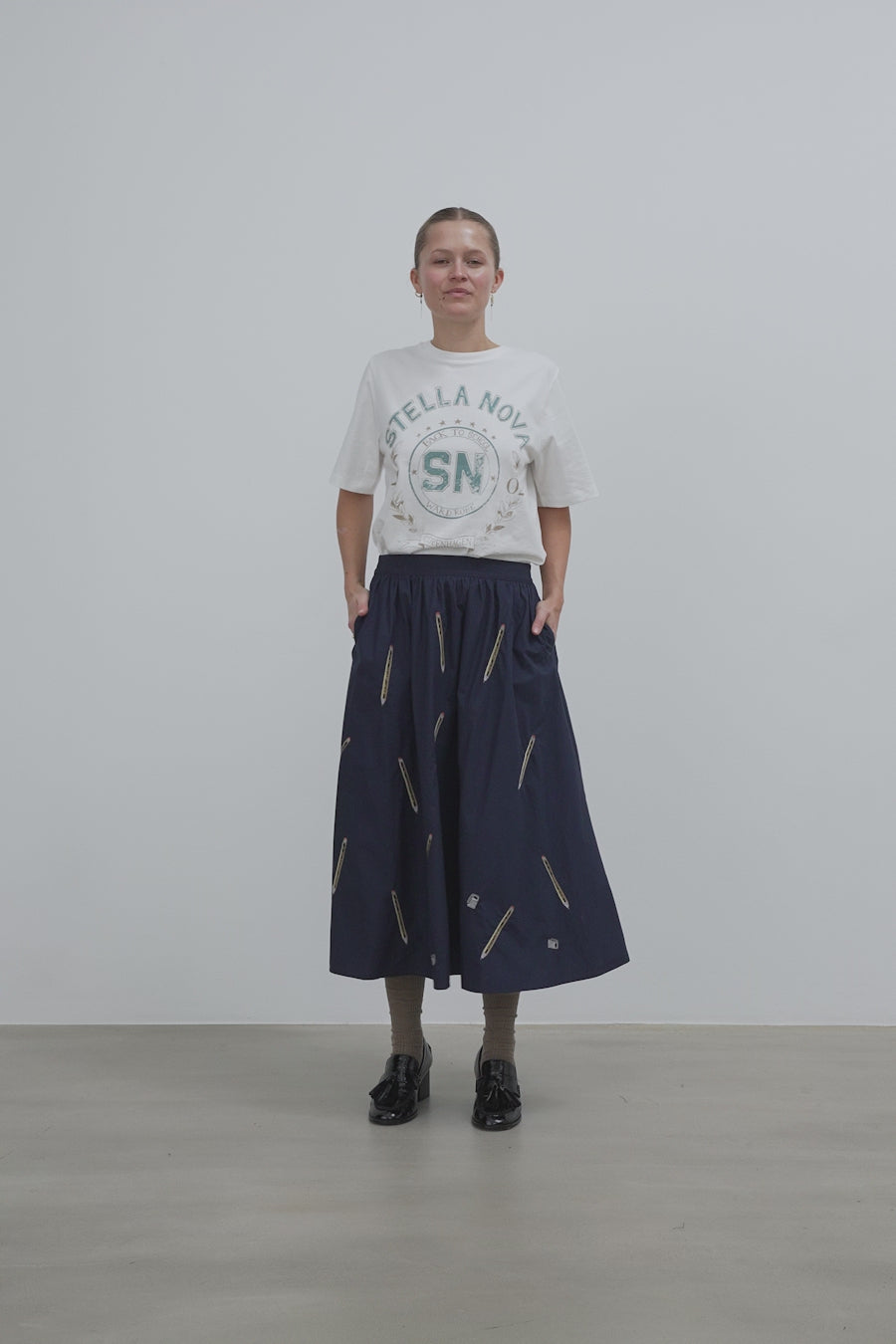 Stella Nova Embroidered Cotton Midi Skirt Skirt 395 Navy